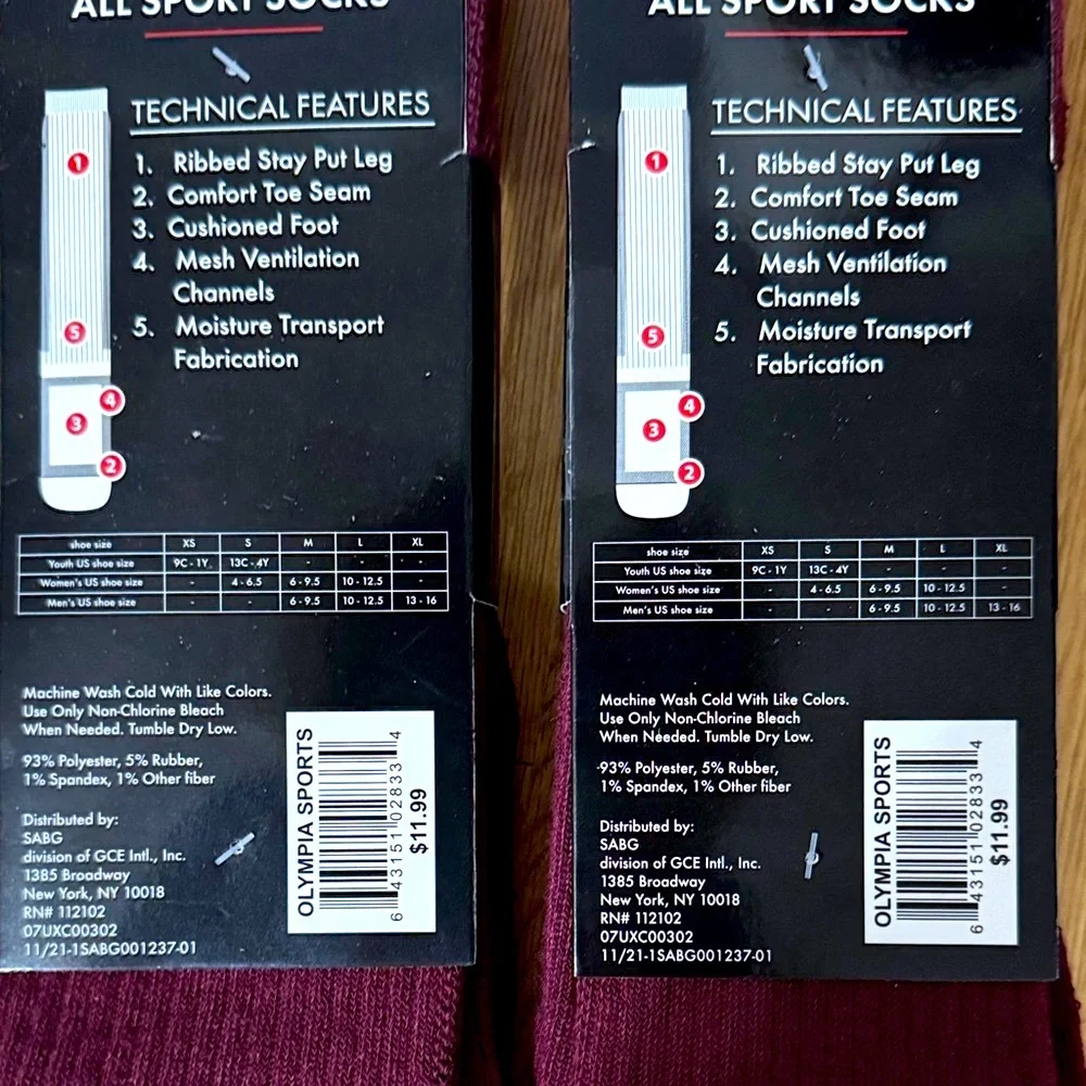 Men's burgundy Athletic All Sports Performance Socks L (2-pack lot-total 4 pr)